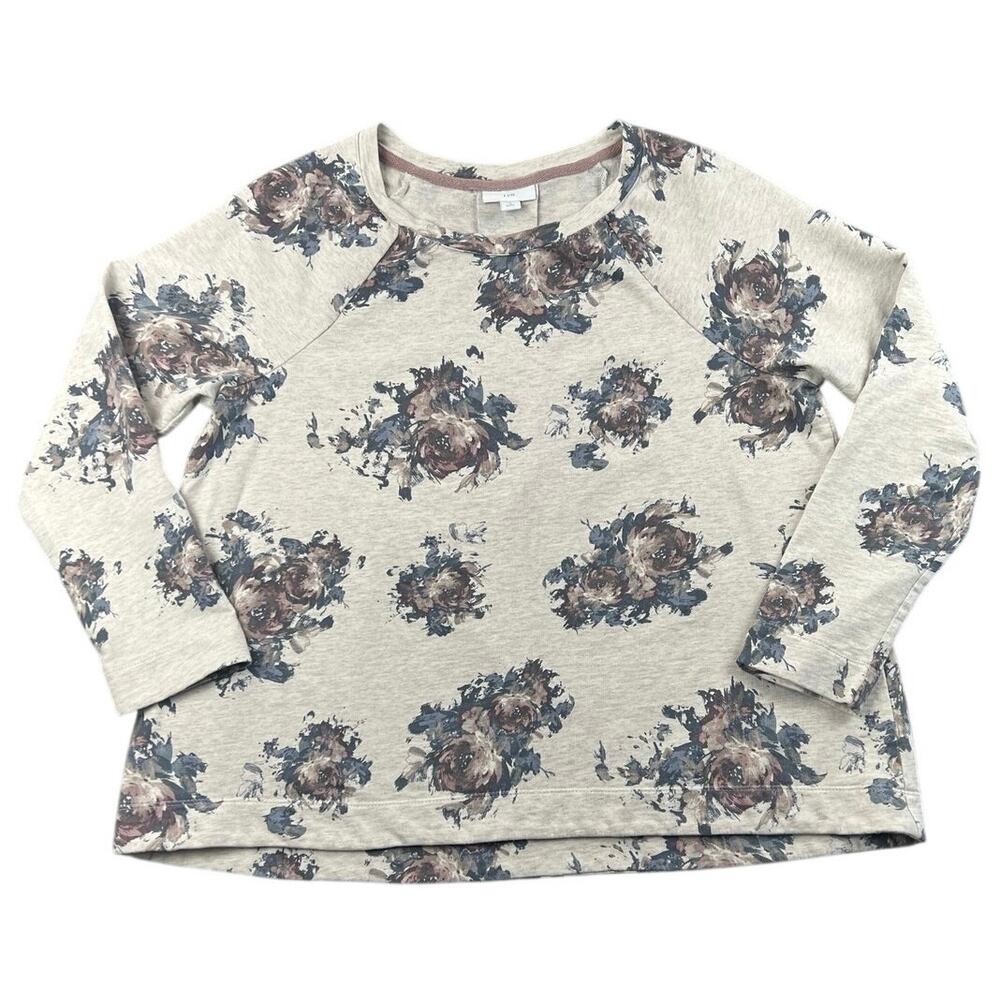 J.Jill Floral Terry Sweatshirt Pullover Beige Blue Mauve Petite Small PS